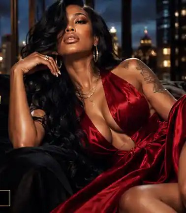 Sable Monroe in a red satin gown