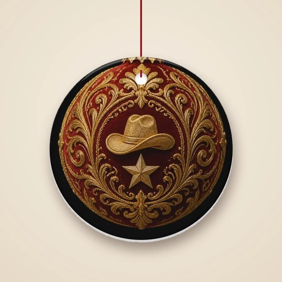 Christmas Cowboy keepsake ornament in red velvet and gold filigree with a cowboy hat and star