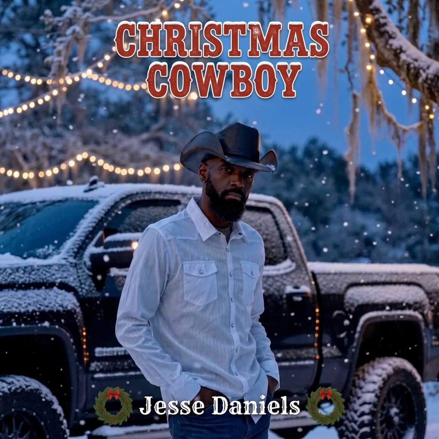Christmas Cowboy single cover: Jesse Daniels in a black cowboy hat and white western shirt beside a snow-covered pickup under string lights